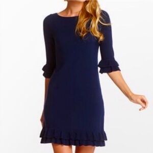 Lilly Pulitzer Helena Wool Blue Ruffle Dress Small Navy Blue Preppy Feminine